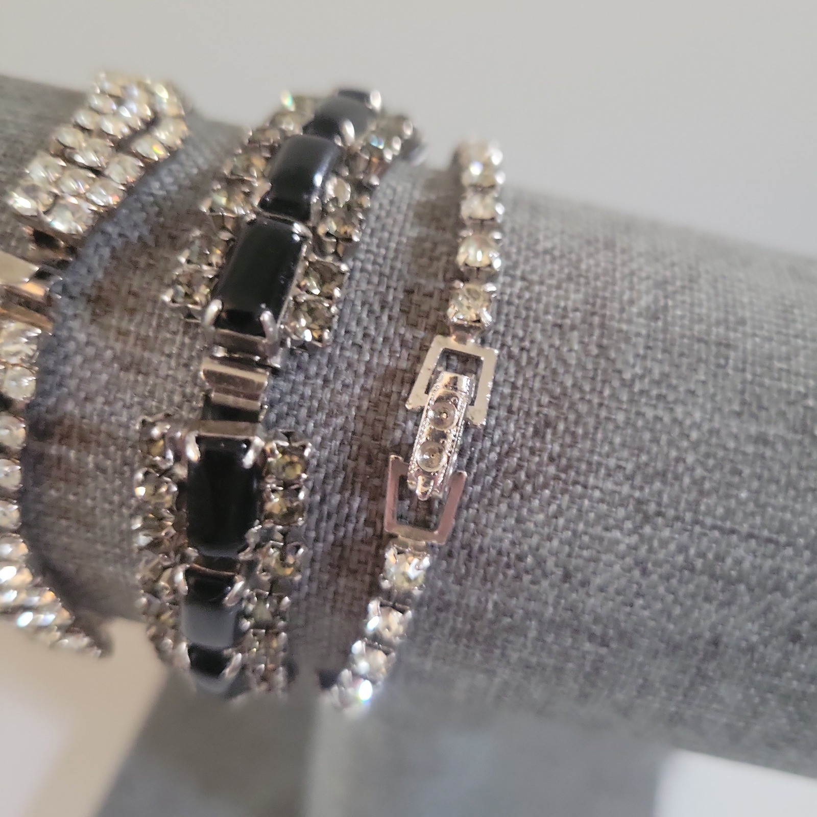 Vintage Rhinestone and Black Stone Bracelet Set 3pc Size 6.5-7.25″ Goth