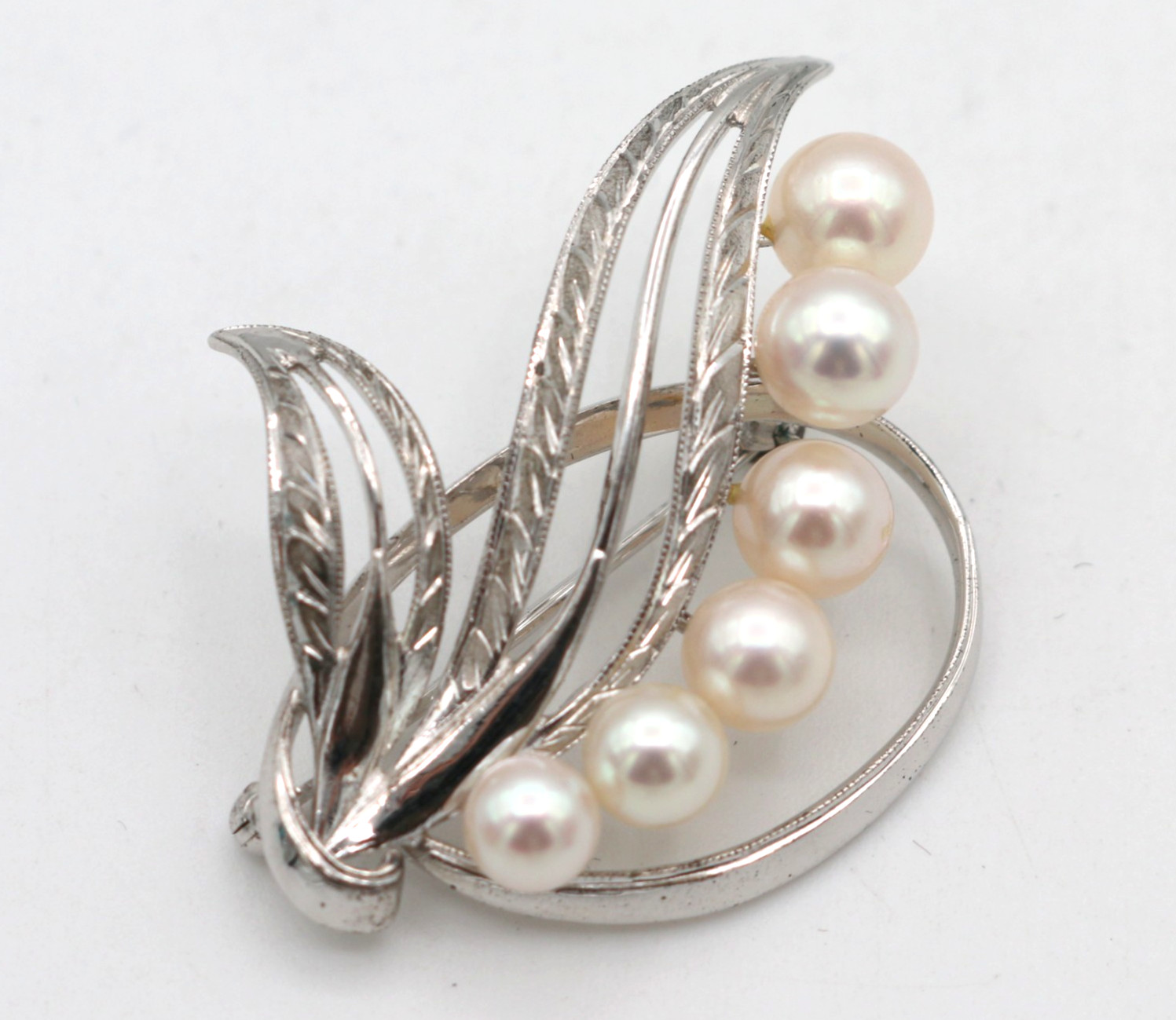 Vintage Mikimoto M S Signed Sterling Silver Akoya 6 Pearl Leaf Pin Brooch 7.15g