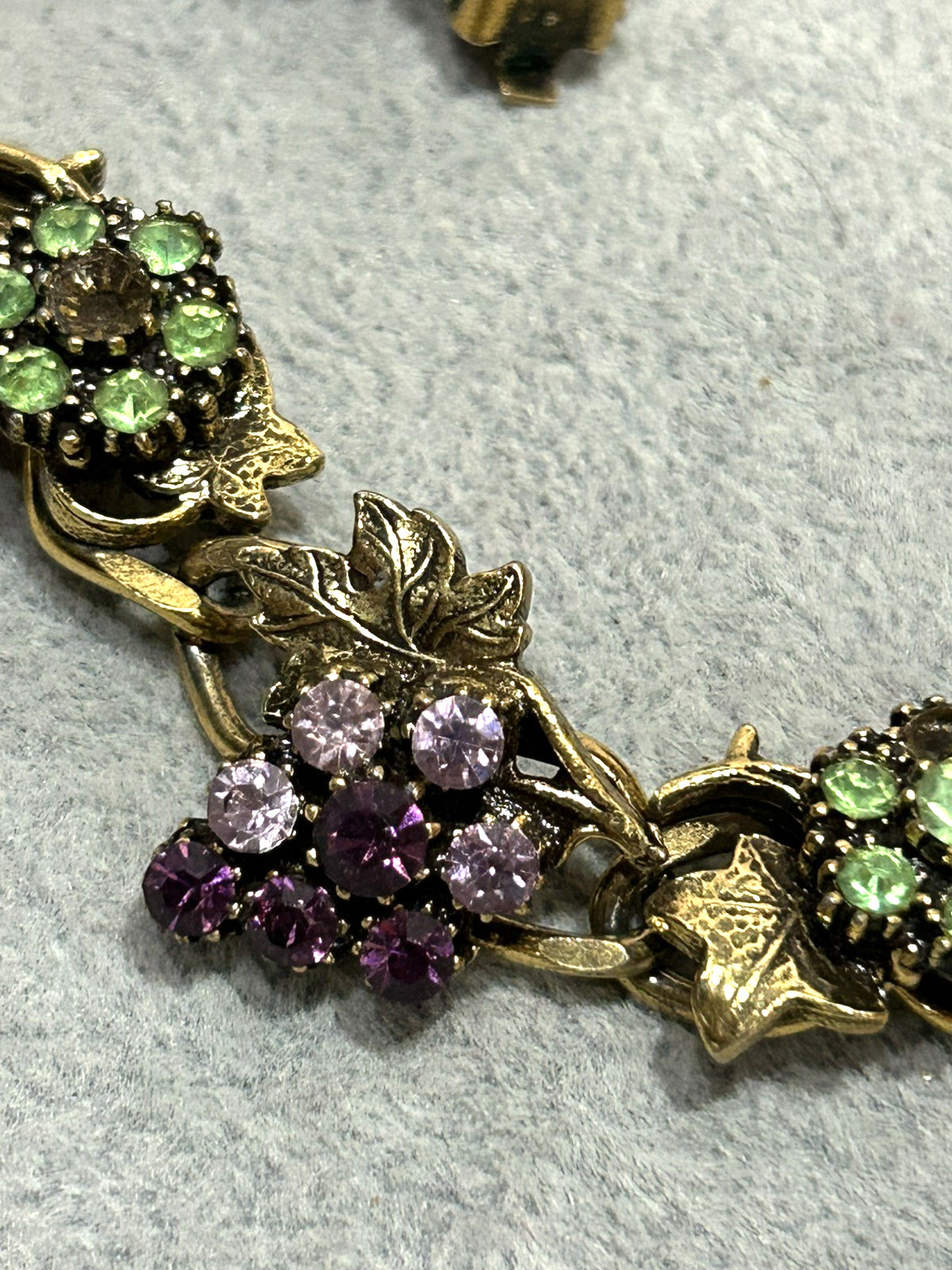 Purple Grape Clusters & Green Flowers Rhinestone Bracelet, Earrings & Necklace