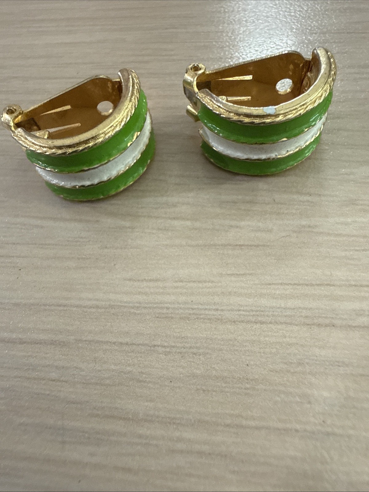 MIMI DI N Lime Green And White Striped Enamel Half Hoop Clip Earrings Gold Tone