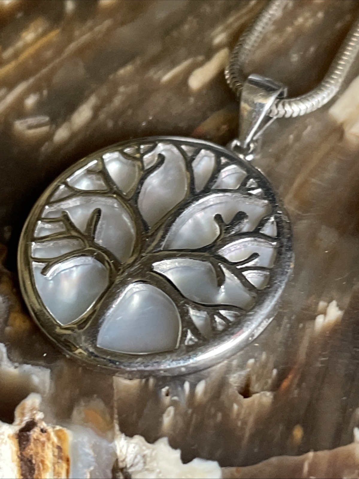Vintage Sterling Silver And MOP Tree Of Life Pendant Necklace 23”