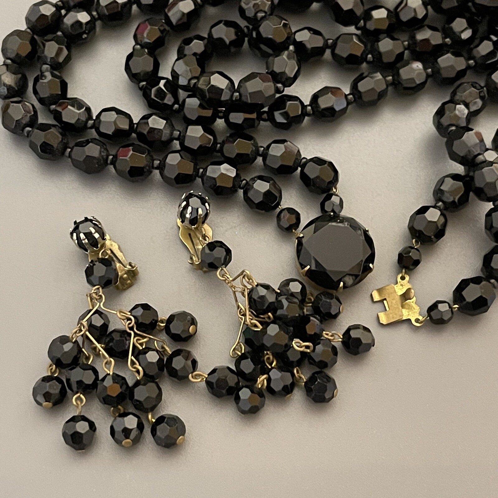 Vintage Faceted Jet Black Glass Bead Necklace West Germany – Clip On Earrings
