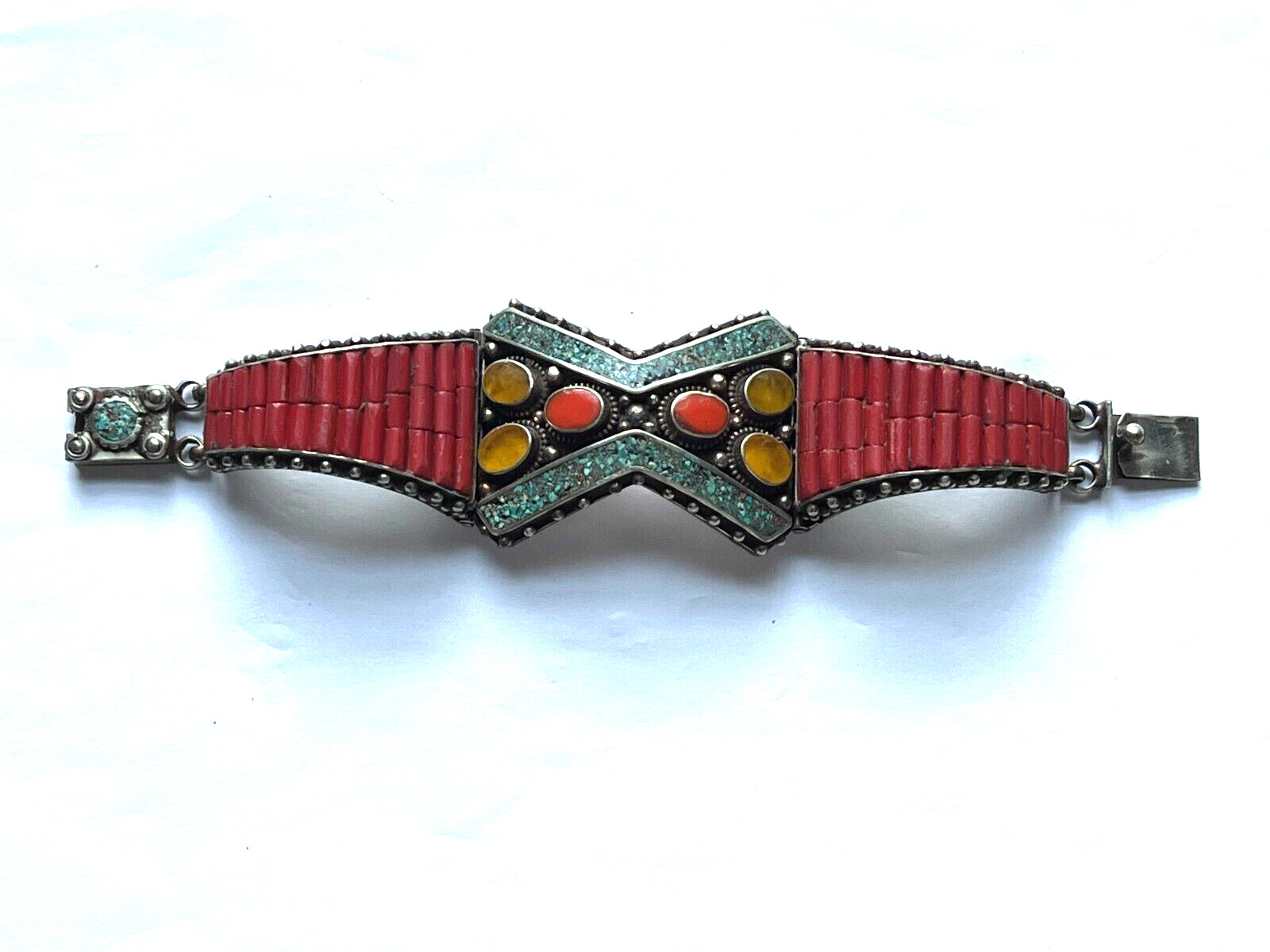 NEPALESE VINTAGE PRE OWNED TURQUOISE CORAL SILVER PLATED HINDGE BRACELET