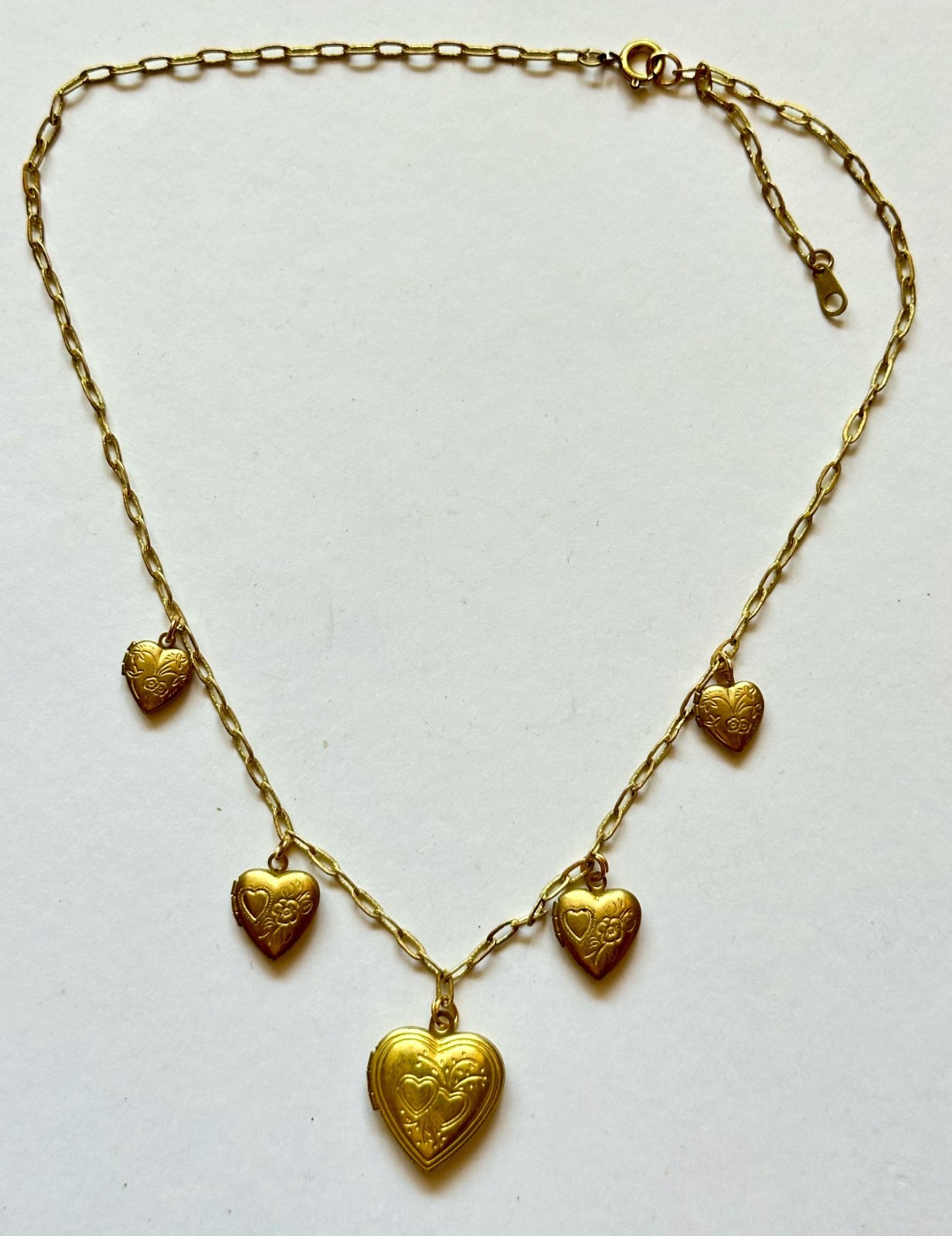 VINTAGE HEART LOCKET 5 MULTI LOCKET NECKLACE BRASS HEARTS FLOWERS 16 TO 18″ VTG