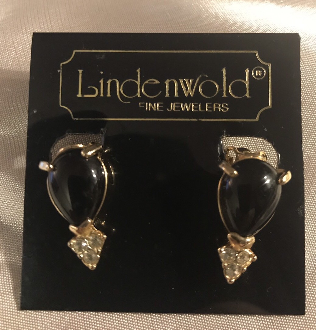 Lindenwold Pear Shape Black Onyx & Swarovski Crystal Clip-on Earrings 14k HGE