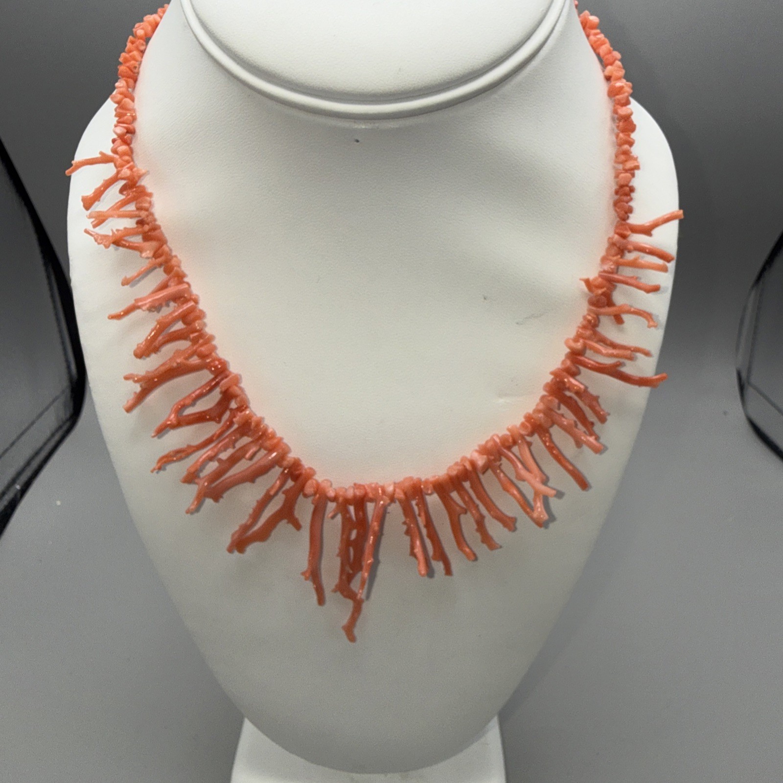 Natural Pink Salmon Color Coral Stick-Branches Necklace 16” Box Clasp