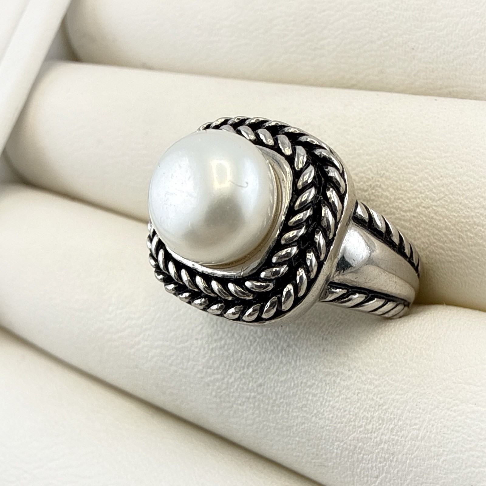Honora Ring Pearl Sterling Silver Cable Rope 925 size 7 Button White Modern