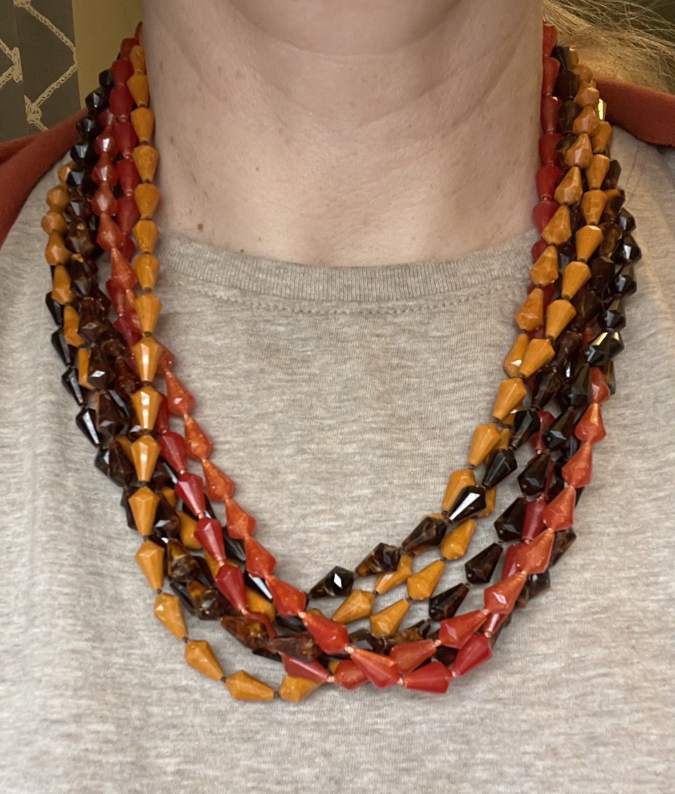 Vintage Eight Strands Fall Autumn Colors Lucite Beaded Statement 22.75” Necklace