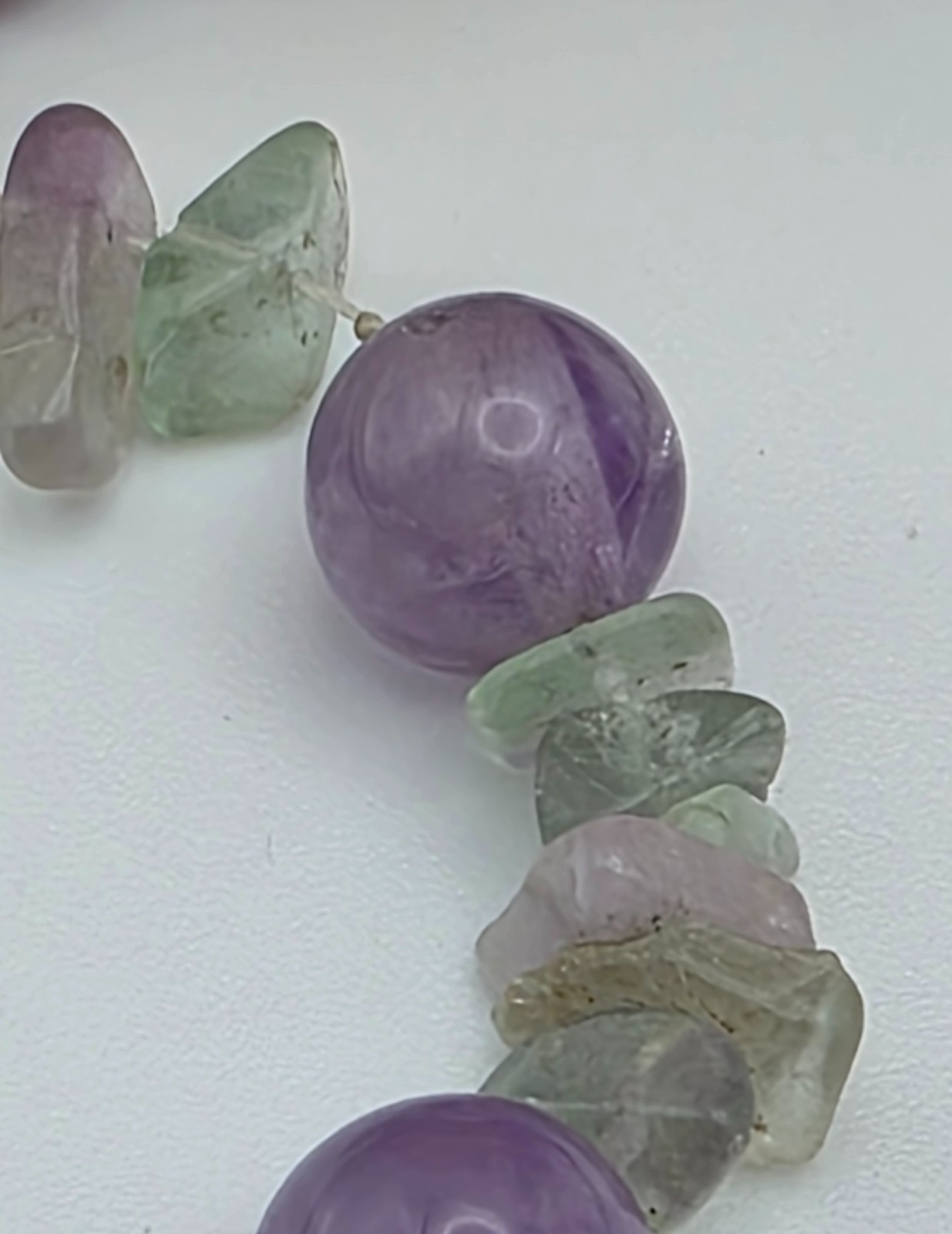 Sterling Amethyst Bead Necklace Clear Quartz Green Amethyst Chips 20″ Vintage
