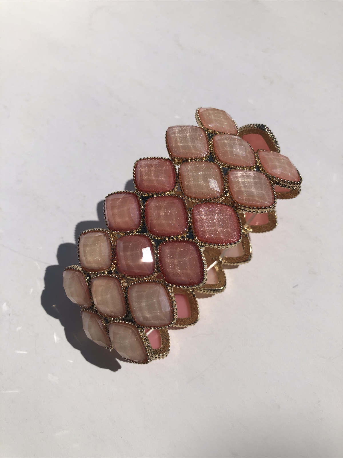 Pink Stone Stretch Cuff Bracelet Gold Tone Statement Piece Costume Jewelry