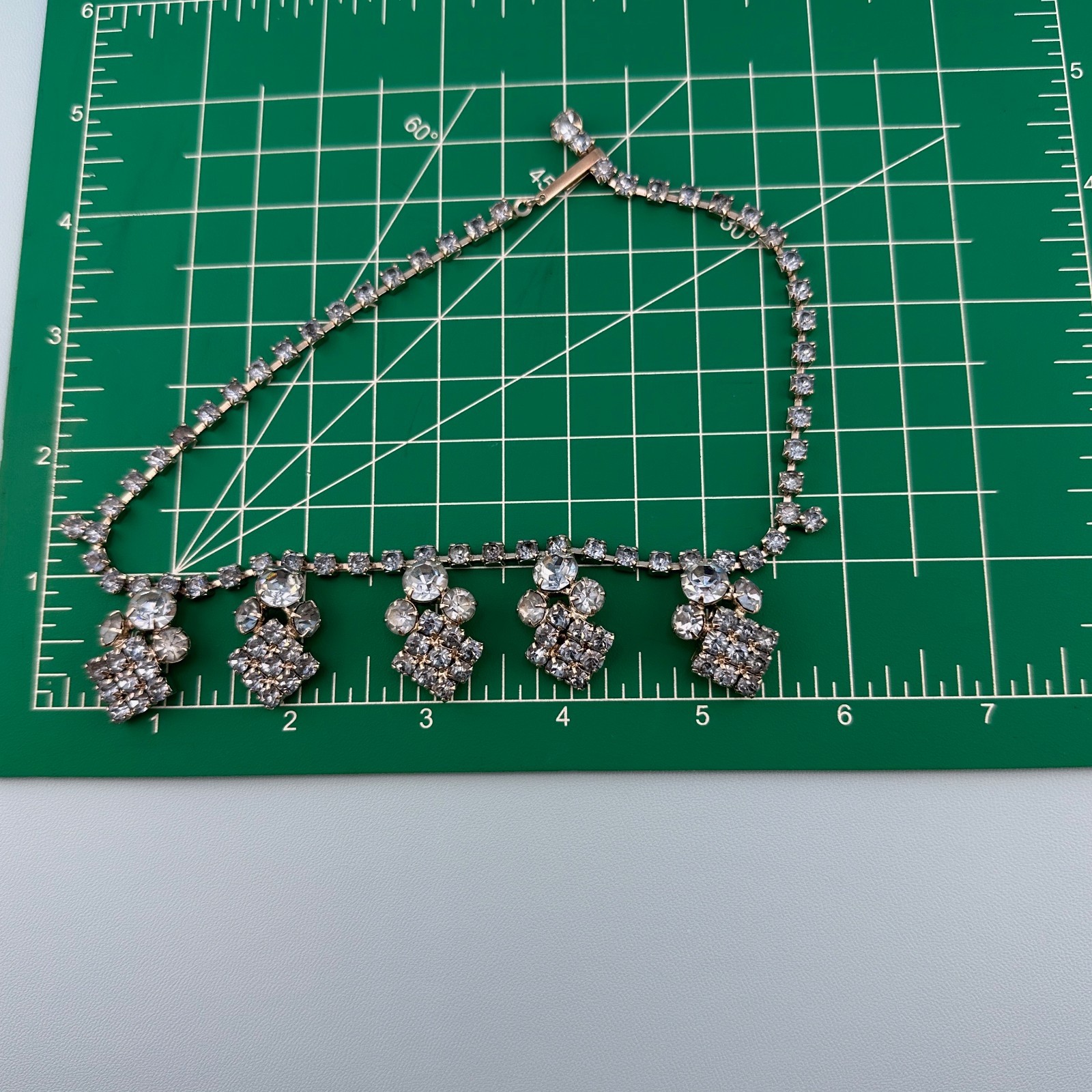 Vintage Blue Rhinestone Collar Necklace Prong Set Cup Chain Cluster Drops 14″