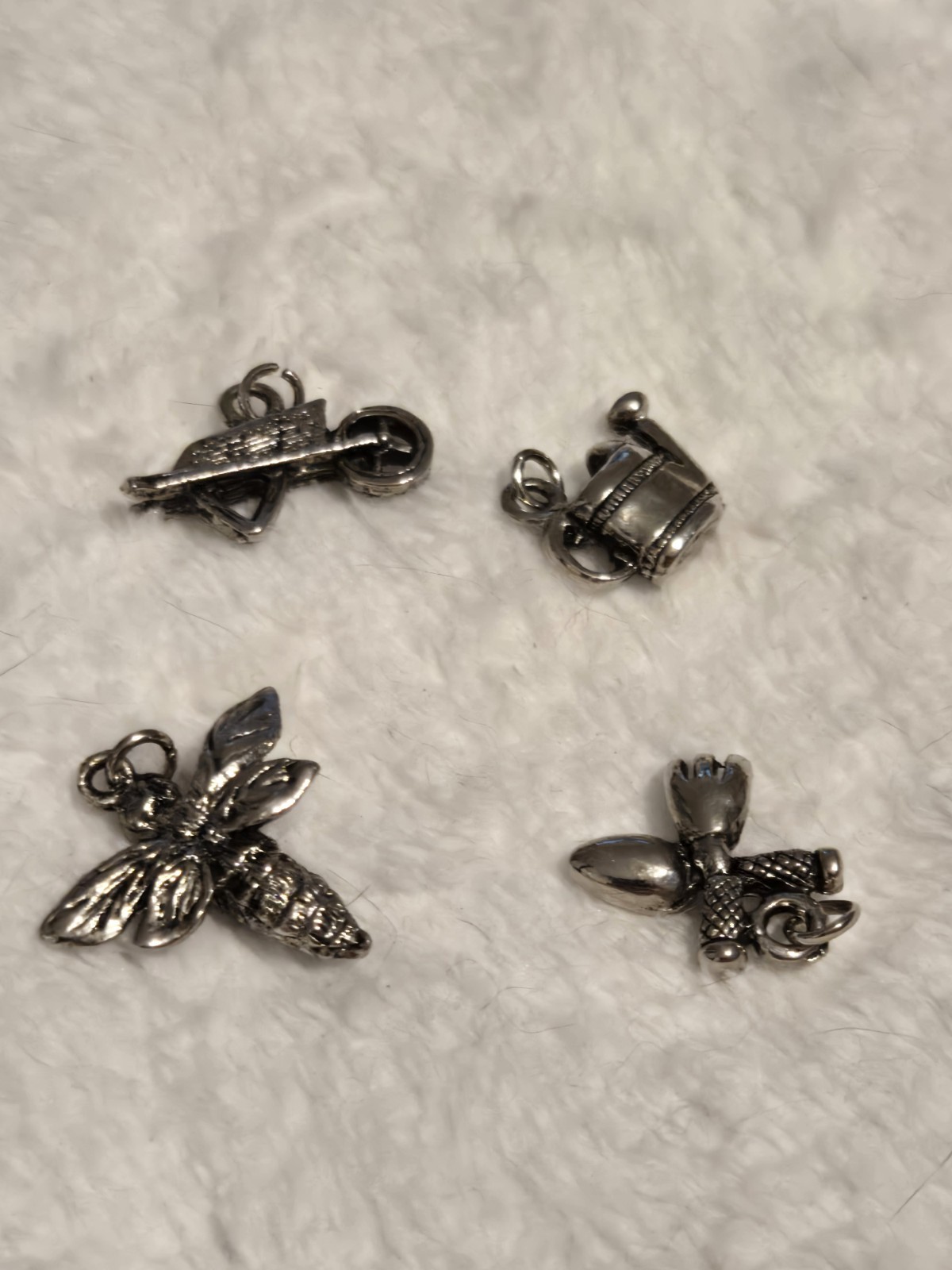 Lot of 4 Gardening Charms Silvertone Watering Can Bee Wheelbarrow Trowel