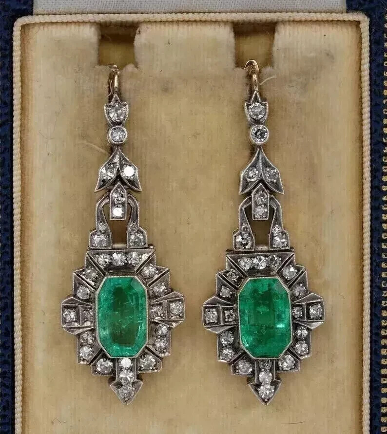 Art Deco Vintage Wedding Earrings 2.7 Ct Simulated Emerald 14K White Gold Over