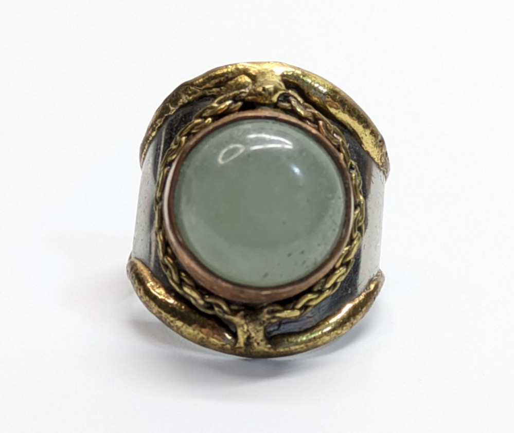VTG Brass Copper Silver Tone Green Nephrite Statement Ring Sz 7 Adjustable Boho