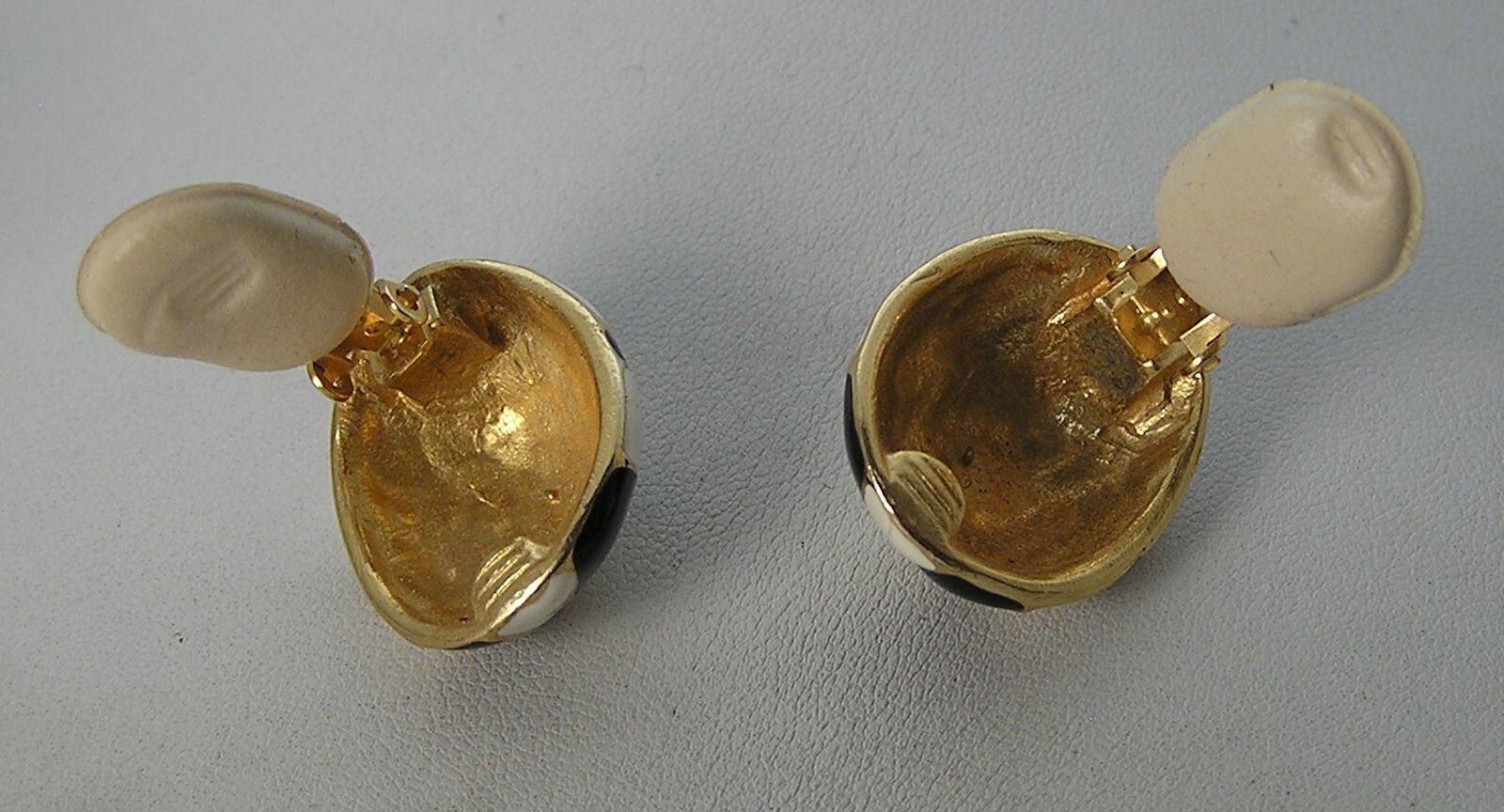 Vintage Gold Tone Gay Boyer Black-White Checkerboard Enamel Domed Oval Earrings