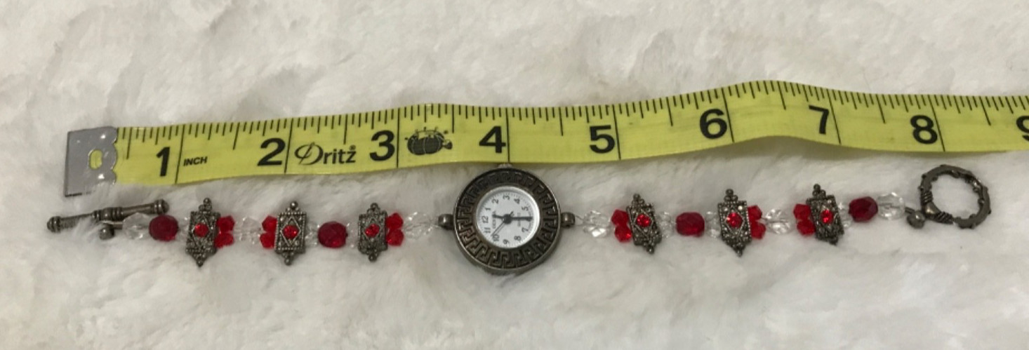 Vintage Geneva Red Clear Beads Ladies Watch Bracelet Silver Tone New Battery