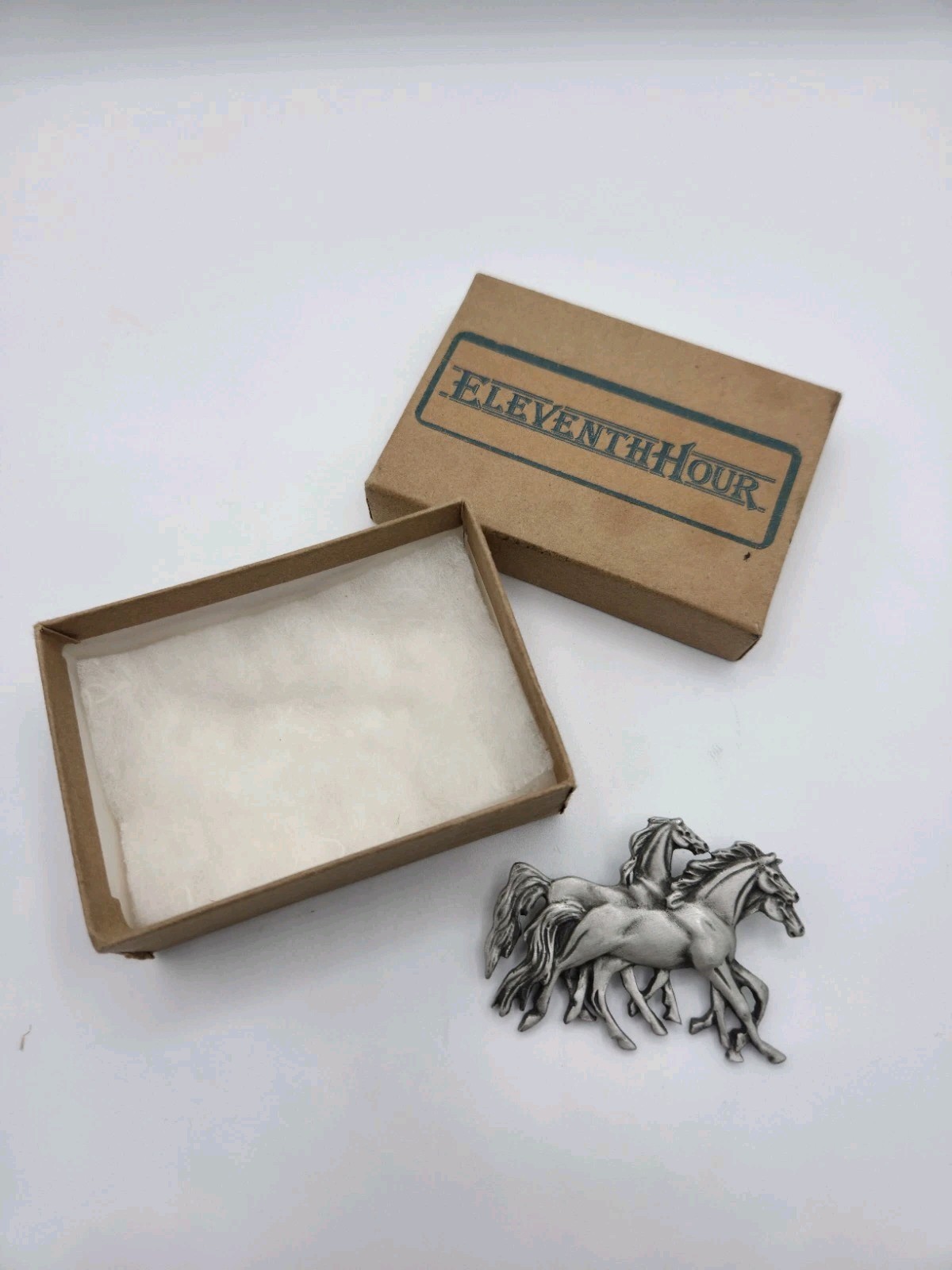 Vintage Signed Fort USA Pewter Triple Running Horse Brooch W/Box