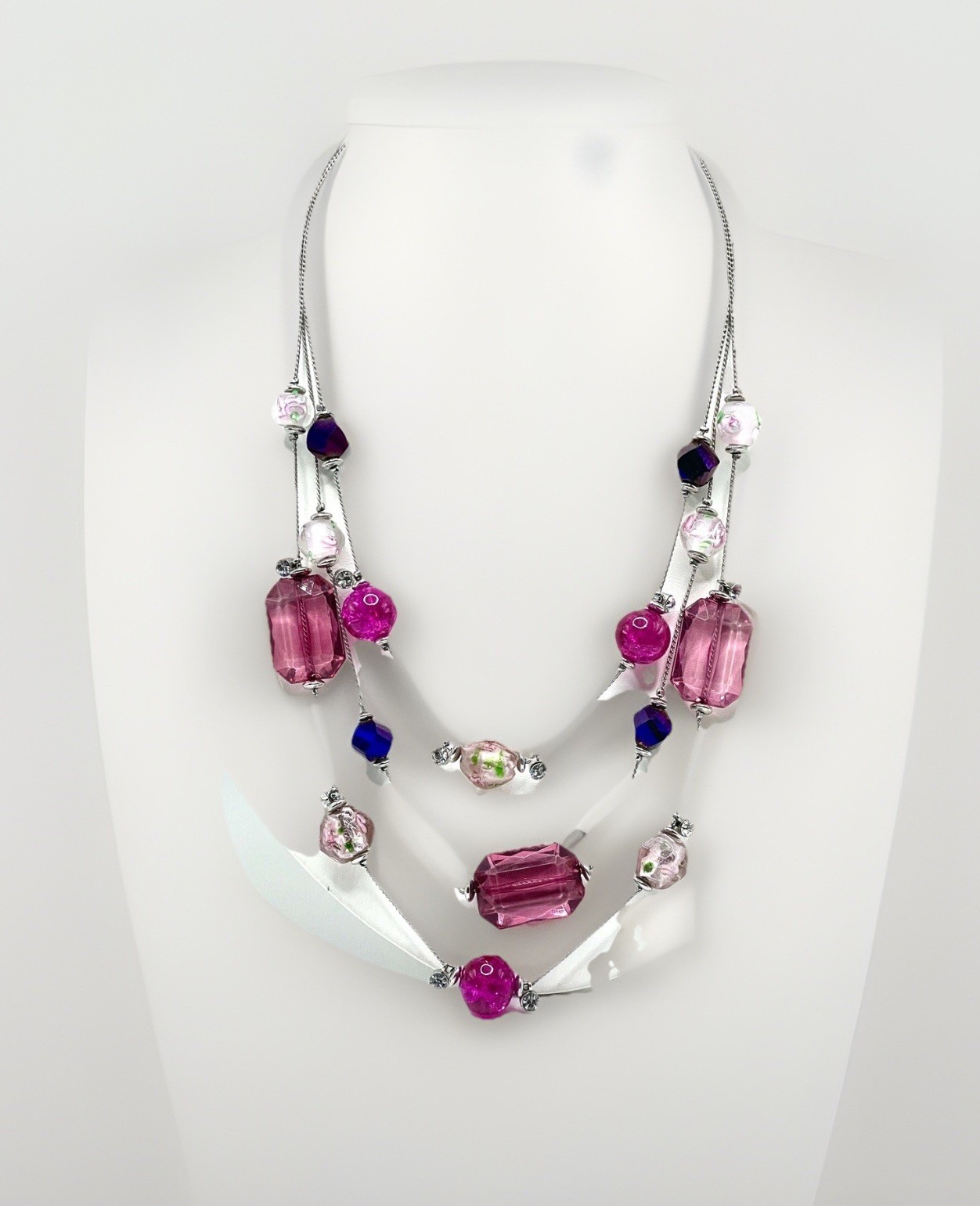 Murano Sommerso Venetian Pinks Purples Rose Three Strand Necklace Vintage Unique
