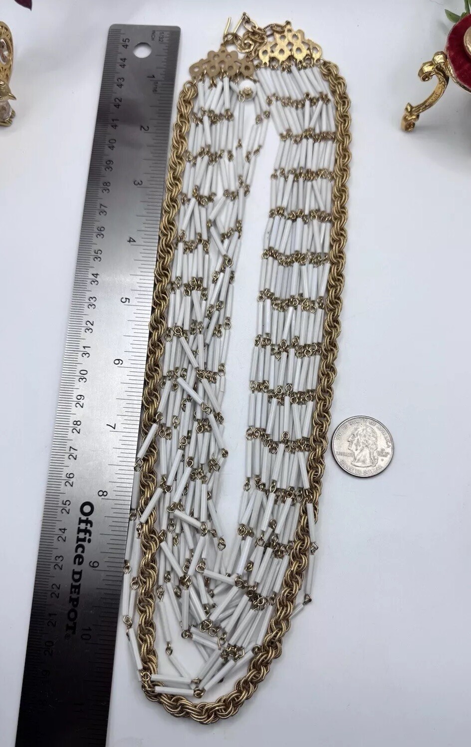 Gorgeous Vintage Necklace White Multi Strand Tube And Rope Chain Gold Tone