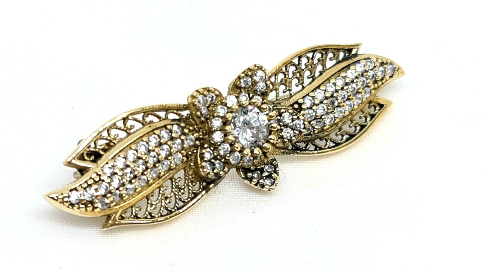 Vintage Silver Brooch Plated With Gold Water Set With Zrconia Stones #982#
