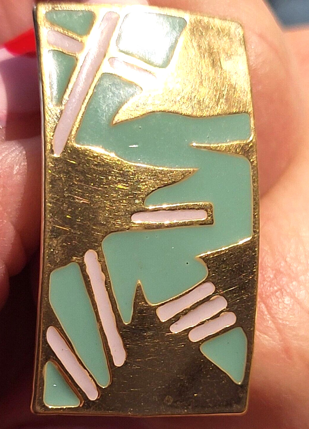 Vintage L Bott Modernist Art Deco Gold Toned Geometric post earrings Teal