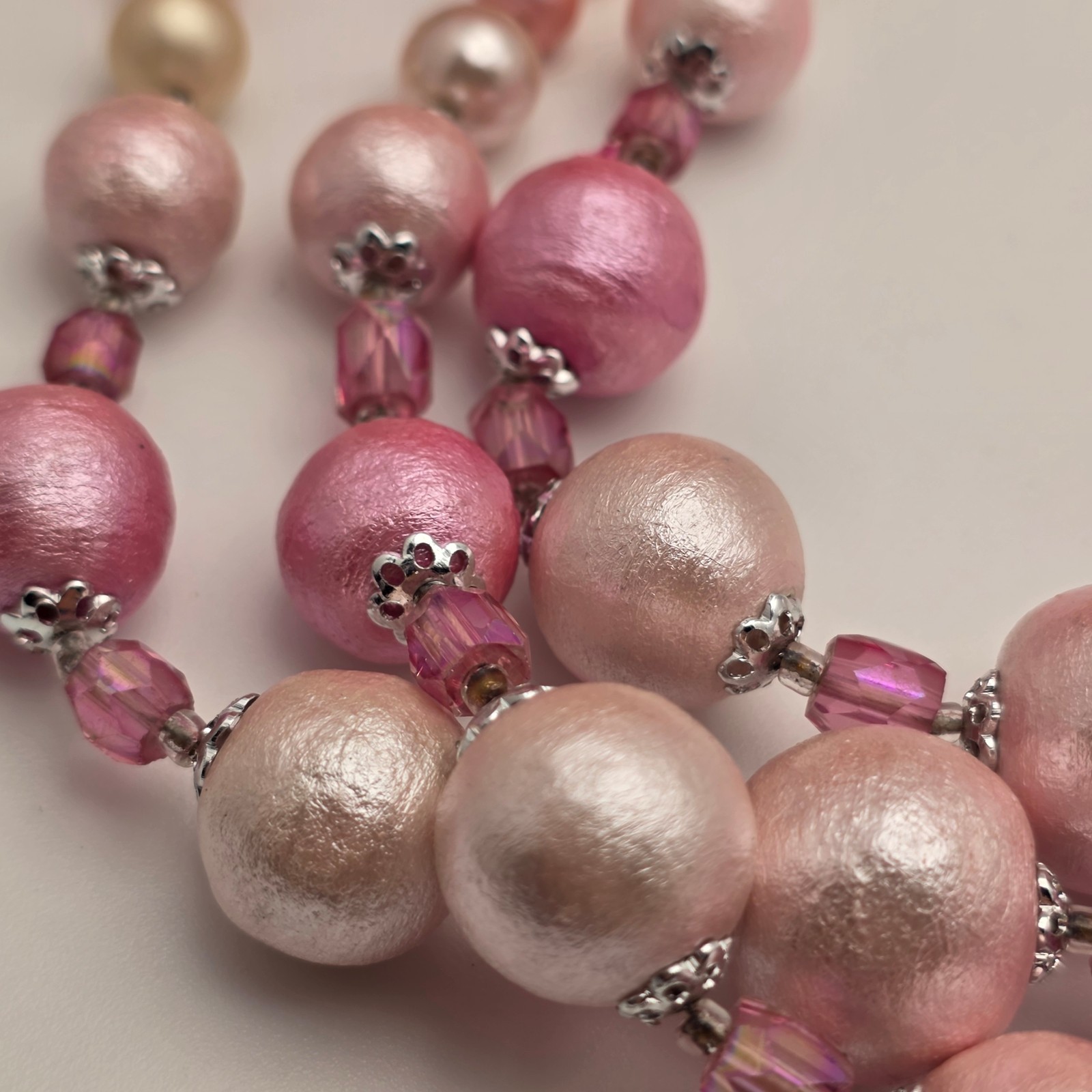 Vintage Japan Pink Faux Pearl Triple Strand Layered Necklace Crystal 17”