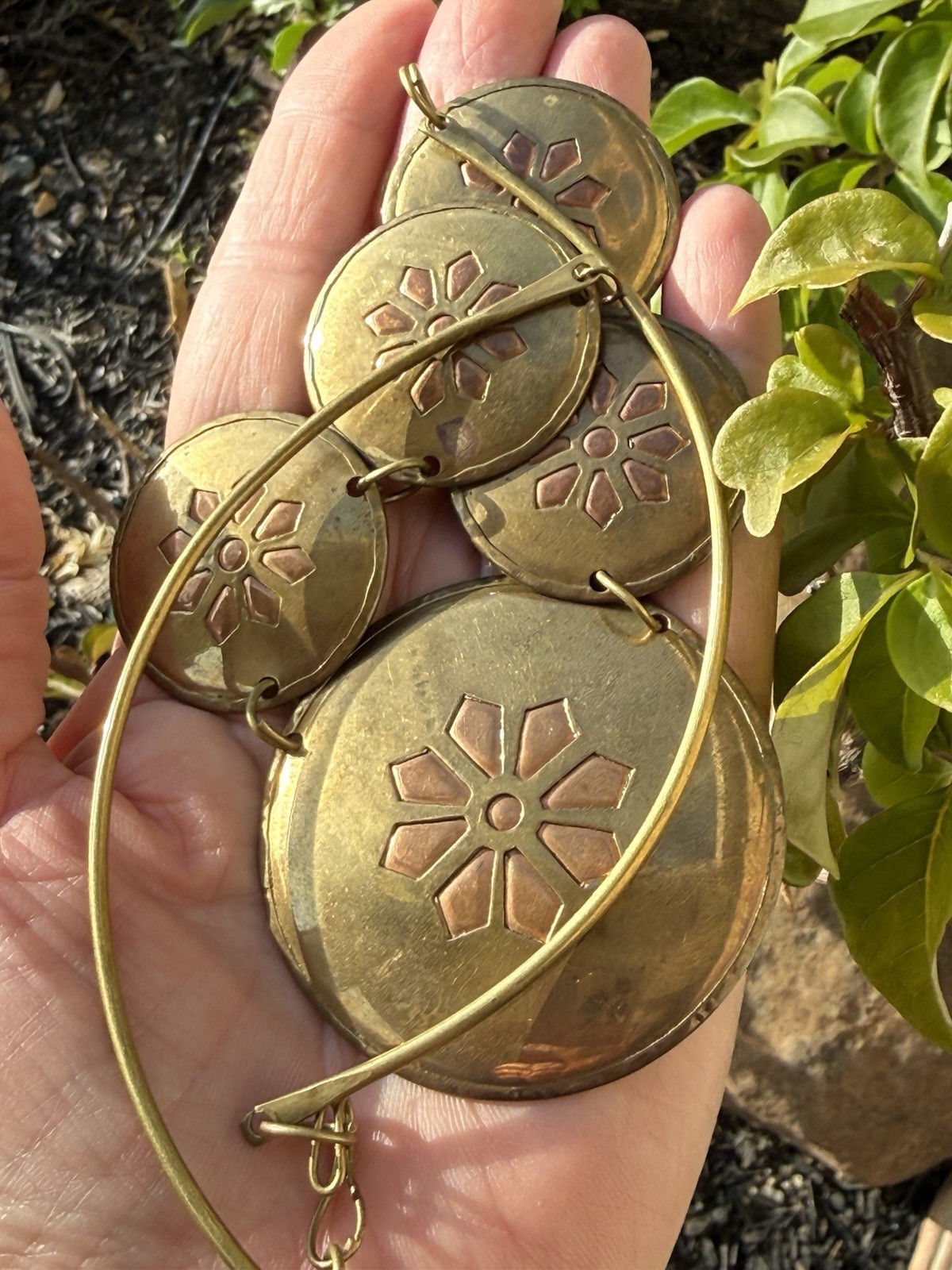 Vintage Artisan Abstract Round Copper & Brass Disc Statement Modernist Necklace