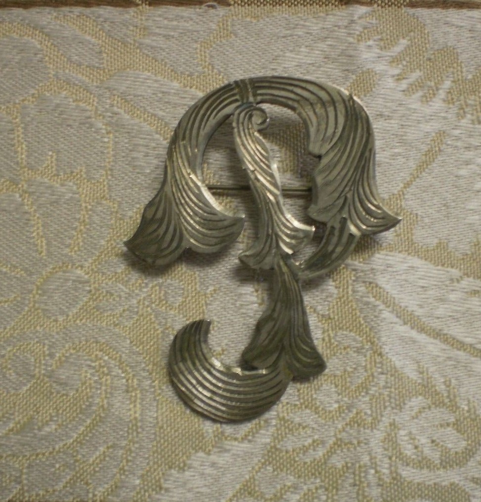 Engraved Sterling Silver Hair? Abstract Brooch 1.75″ Letter P