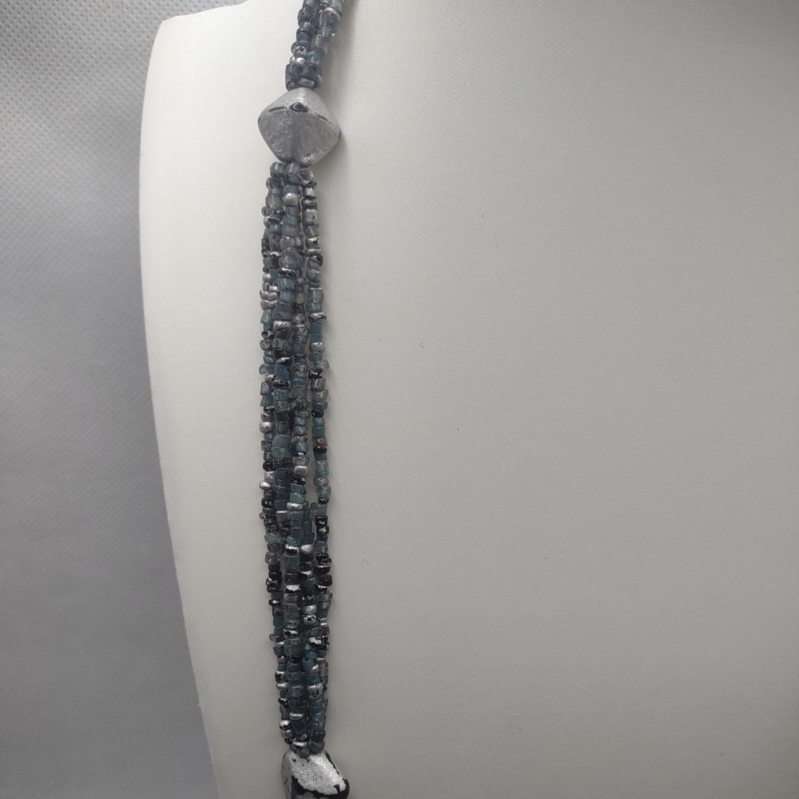Vintage Shiny Black, Grey, White Necklace 5 Strand Stone Seed Bead Jewelry 17″