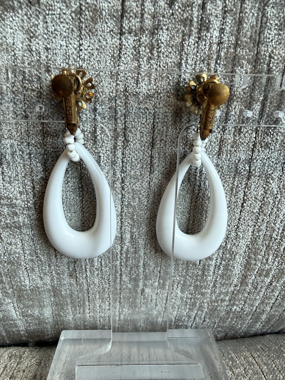 Miriam Haskell White Lucite Teardrop Dangle Clip Earrings Signed Milk Glass Bead