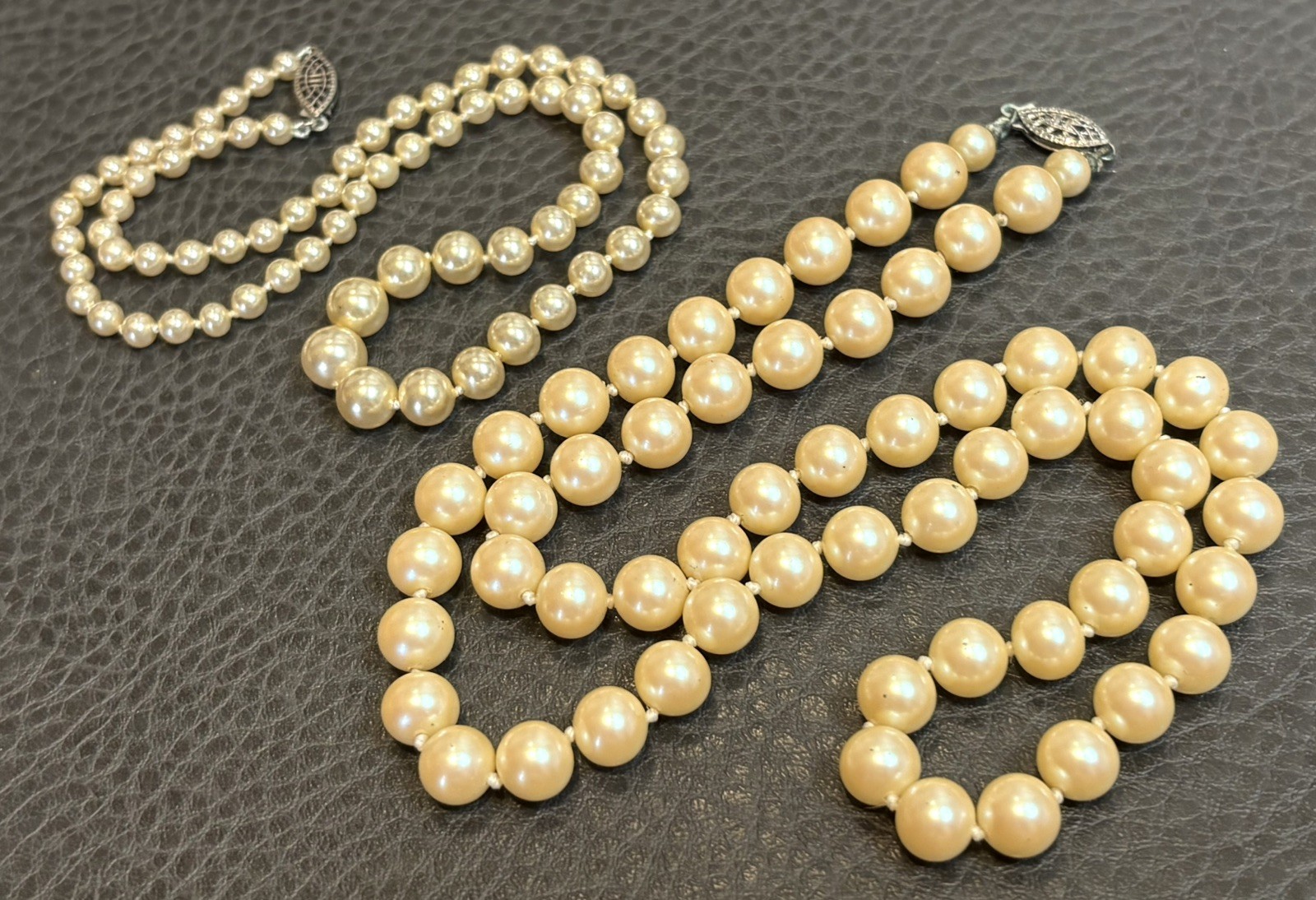 Vintage Lot Of 2 Sterling Silver Clasps Faux Pearls Hand Knotted Necklaces Layer