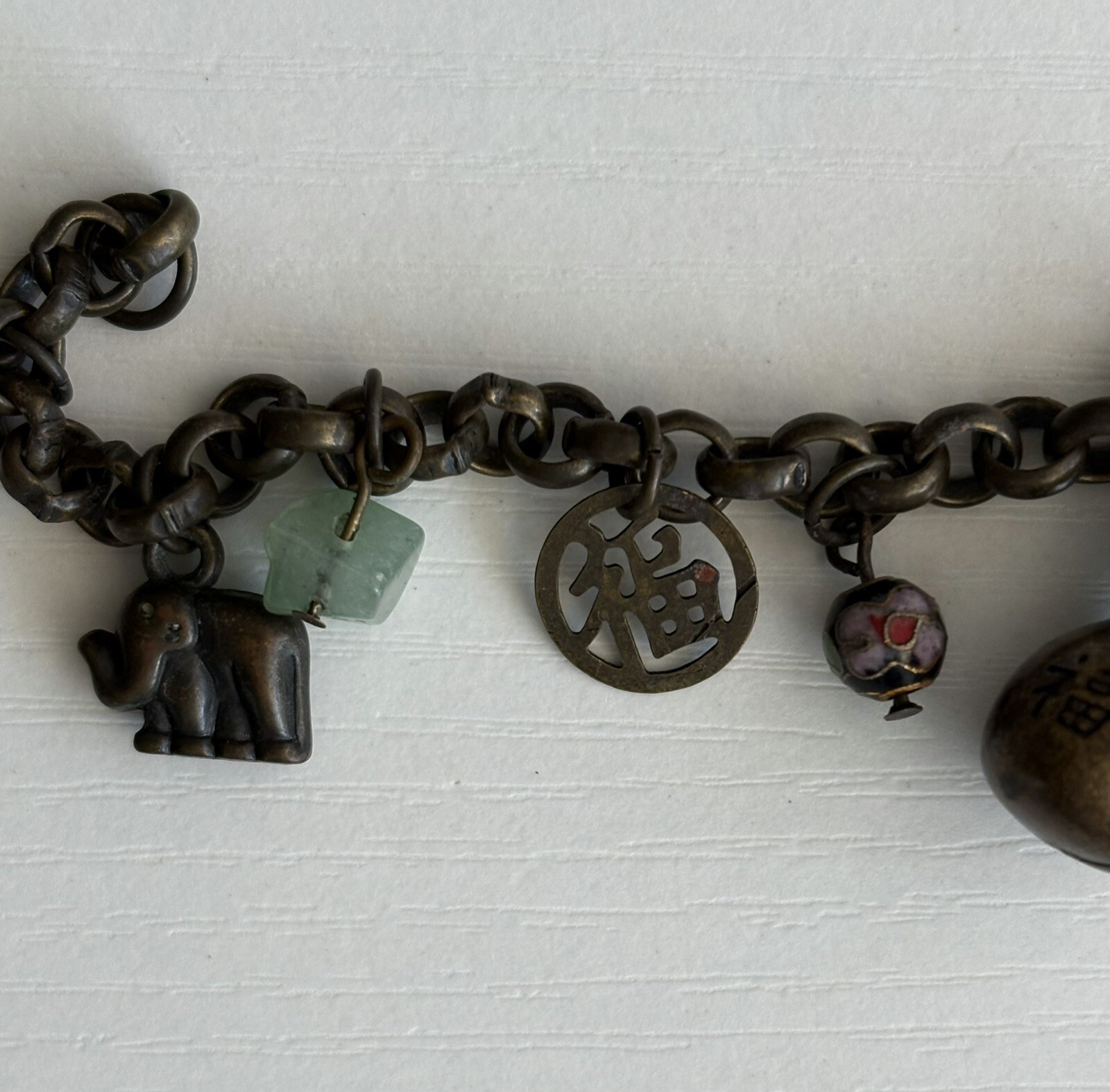 Vintage Chinese Cloisonné Charm Bracelet 7.25in Ladies Good Luck Jade 16.80g