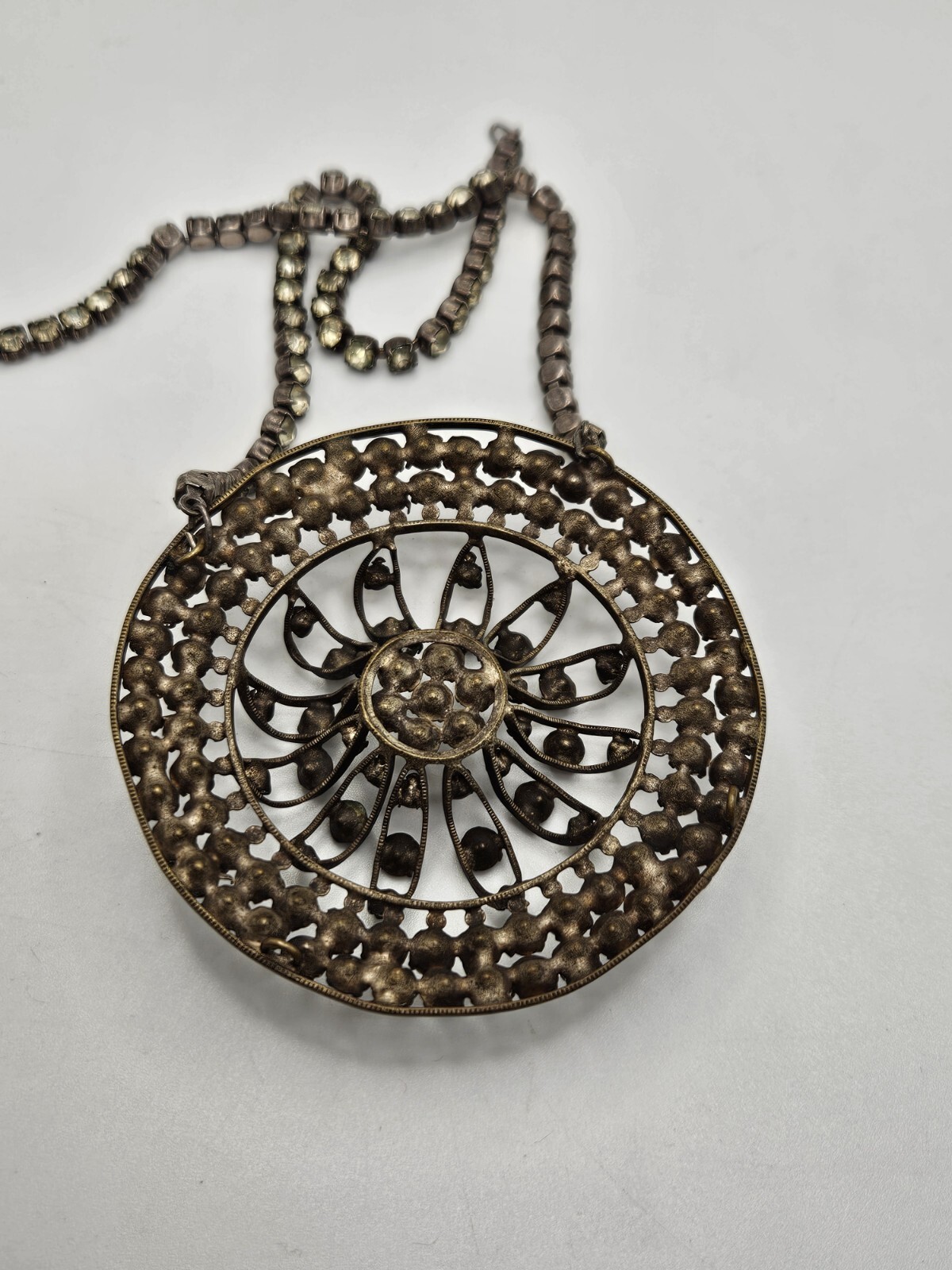 As Is Vintage Silver Tone Clear Rhinestones Ornate Pendant Collar Necklace