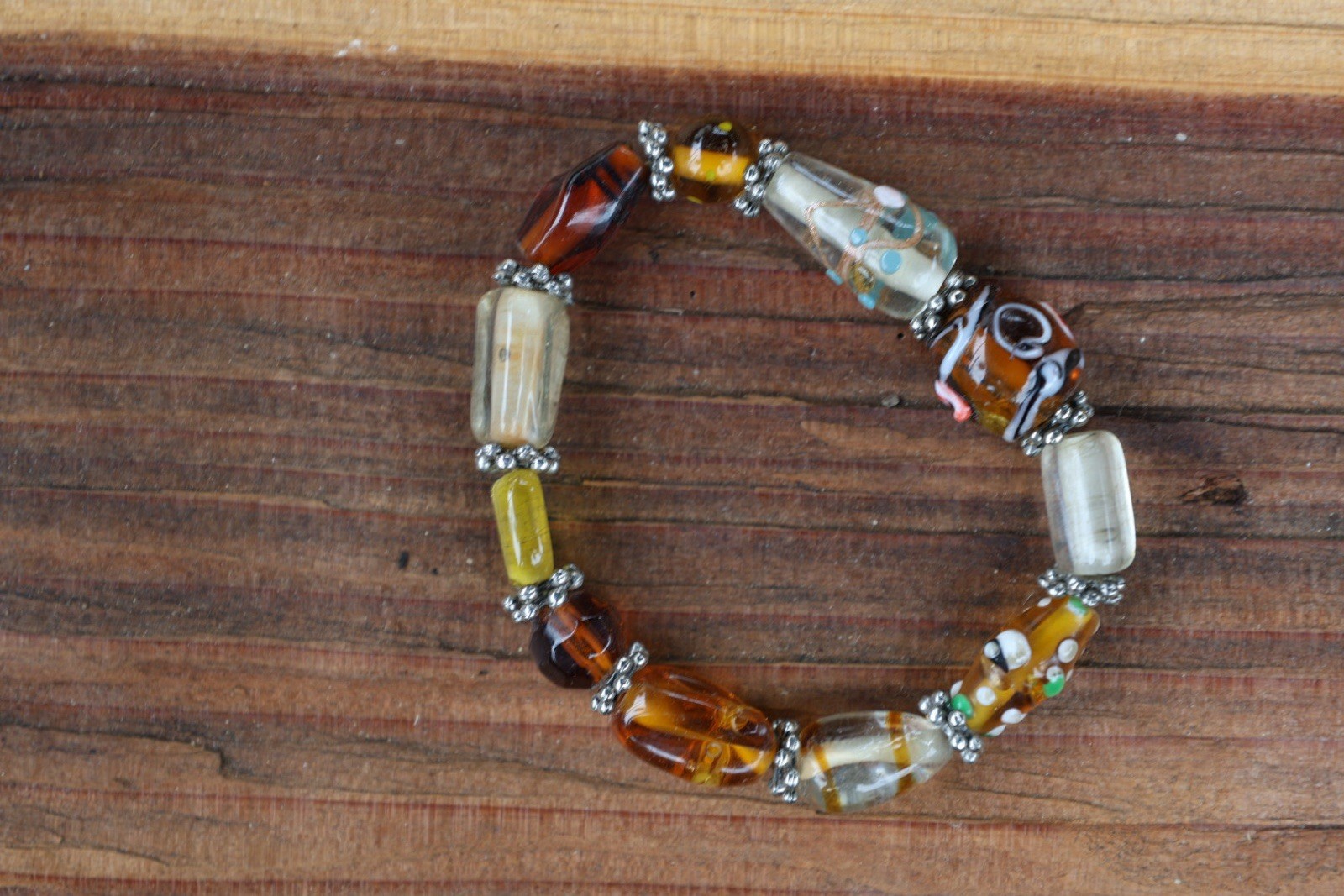 Vintage Lampwork Art Glass Bead Bracelet Amber Millefiori Stretch Boho Statement