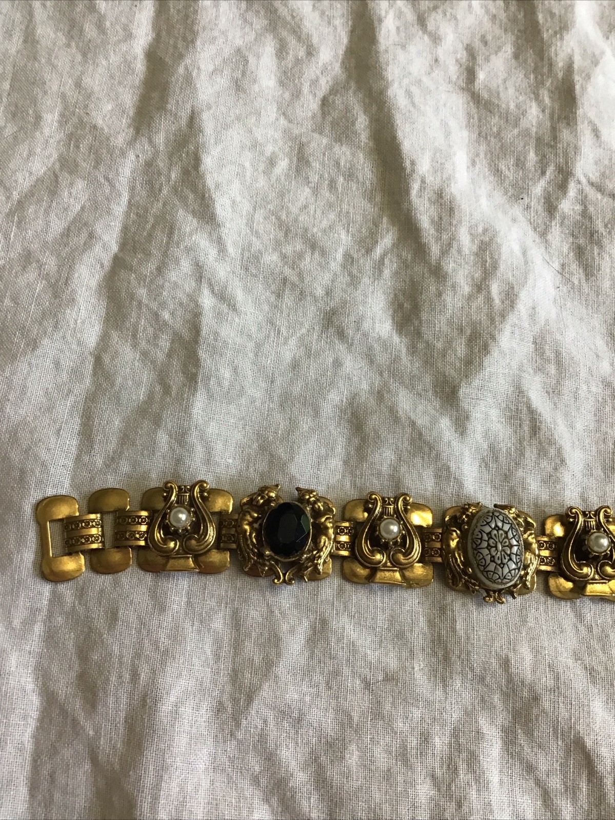 Amazing Vintage Gold Tone Station Layered Charm Bracelet Harp Style