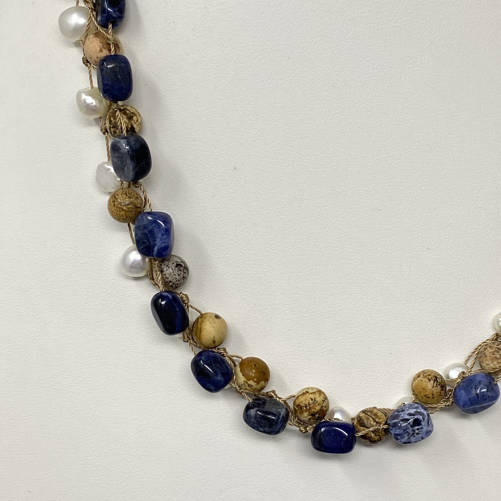 Coldwater Creek Necklace Jasper Sodalite Genuine Pearl Hand Knot Wrap Boho 20″