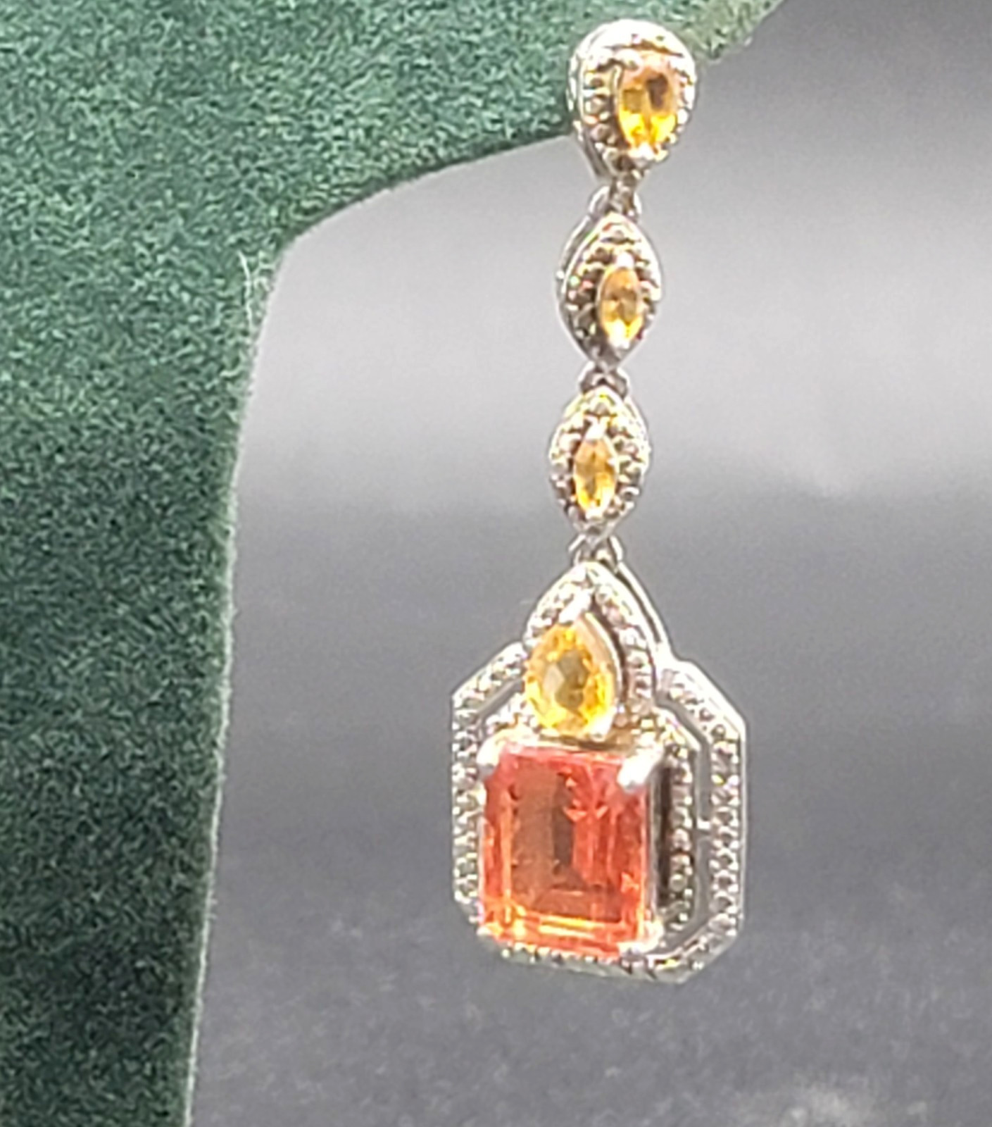Vtg 925 STS Sterling Silver/Citrine Art Deco Pierced Post 2″Dangle Drop Earrings