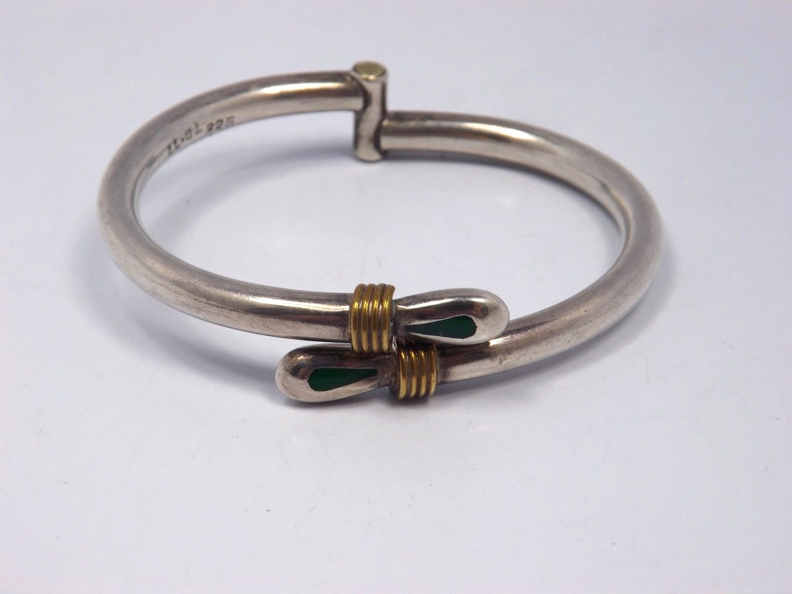 Vintage Taxco Mexico Sterling Silver Malachite Ends Hinged Bracelet, 26.4 grams