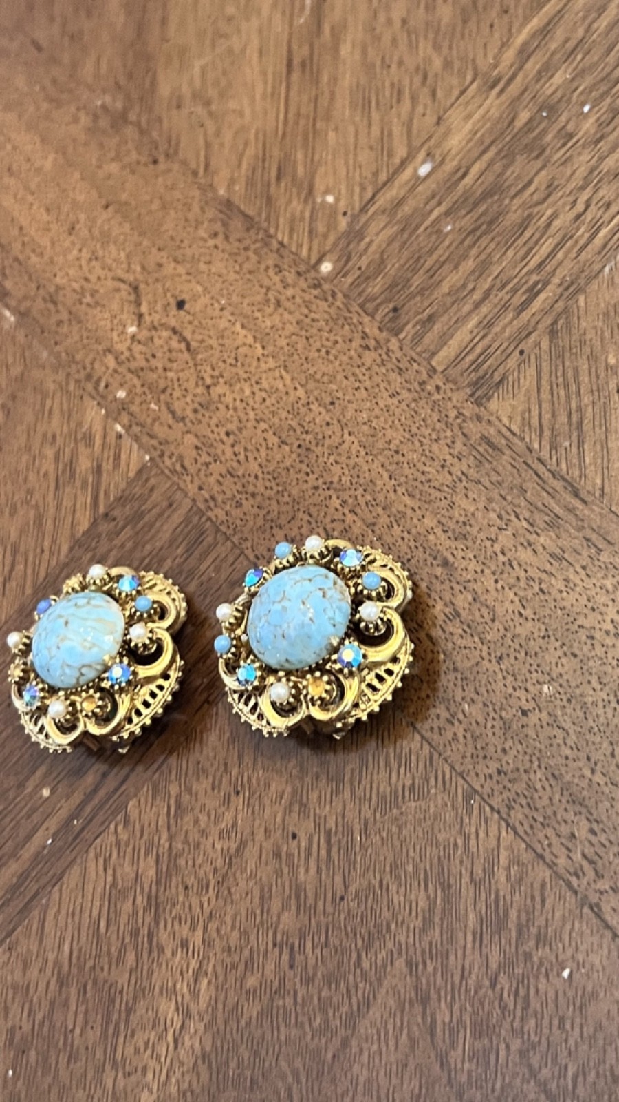 Vintage Florenza Faux Turquoise Cabochon Stud Earrings Gold Tone Signed Nice!