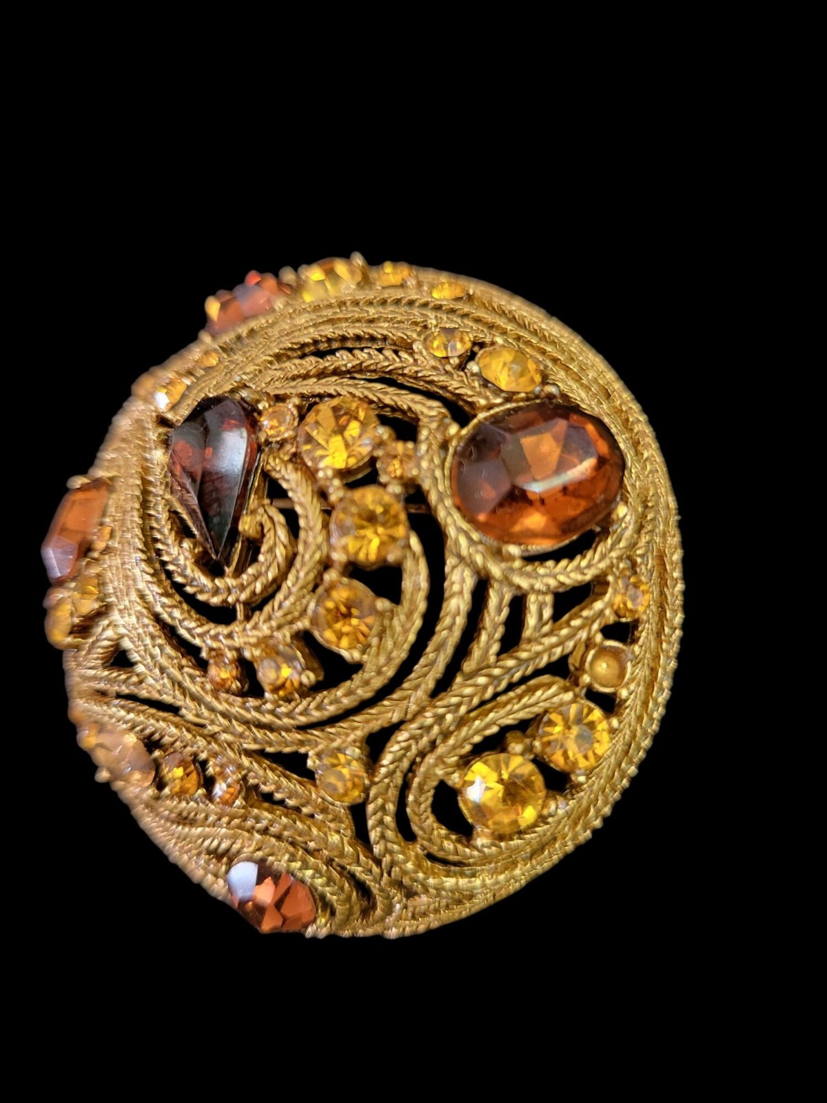 Rare Vintage La Roco Domed Brooch Braided Filigree Citrine Topaz Austrian Crysta