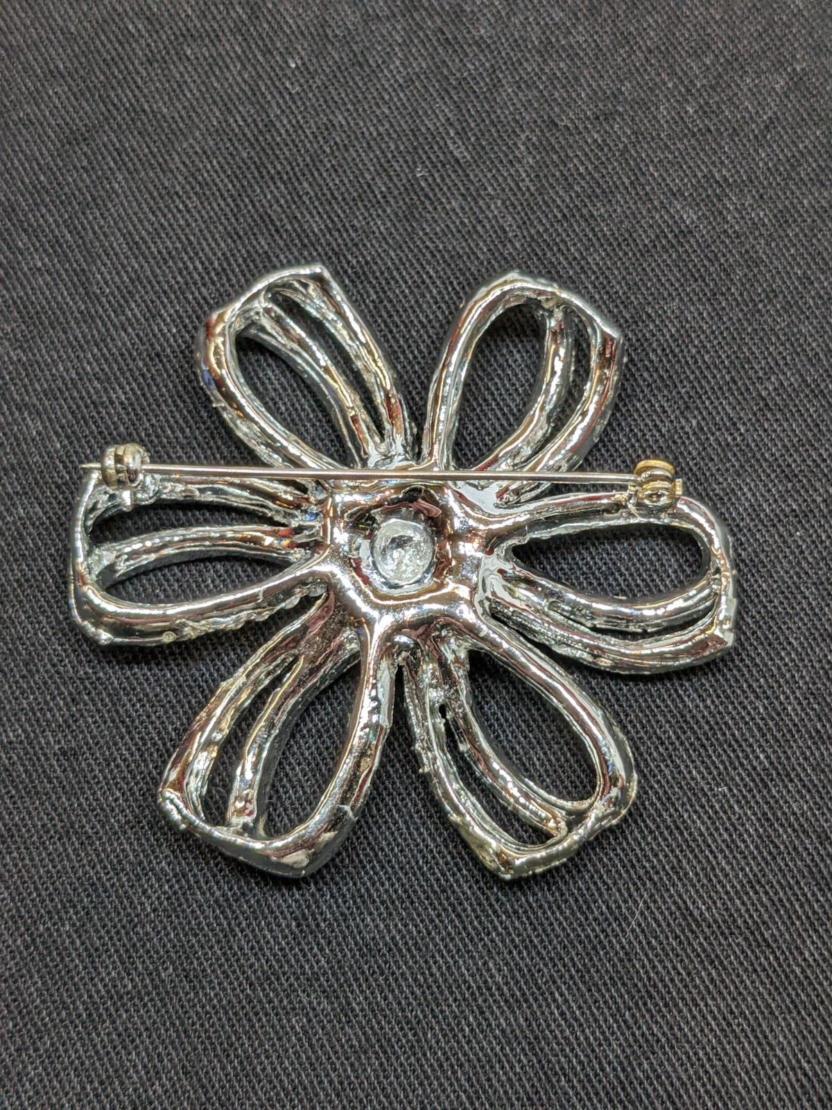 Vtg Flower Brooch Red Baguette Rhinestone AB Crystal Silver Tone Starburst Pin