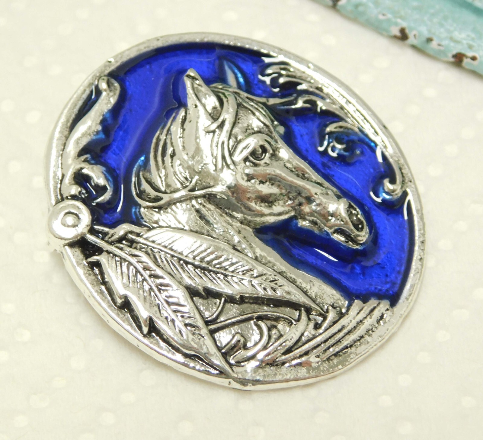 BLUE ENAMEL EAGLE FEATHER WESTERN HORSE DIMENSIONAL BROOCH PIN