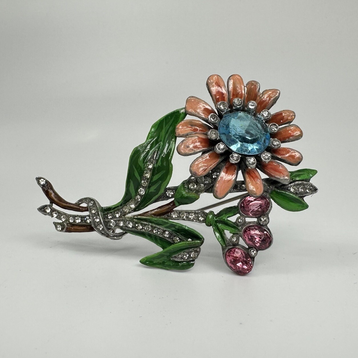 Vintage Art Deco Enamel Flower Brooch Trifari / Coro Style Pot Metal Spray Pin
