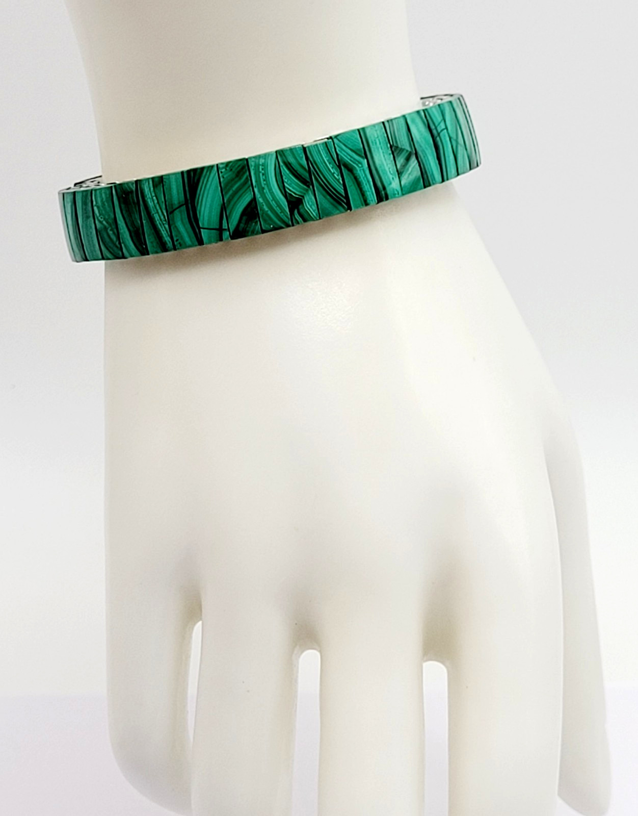 Malachite Stone Green Veneer Panel Stainless Steel Expanding Vintage Bracelet