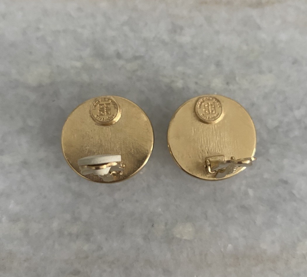 Vintage Classic Logo Givenchy Gold Pearl Cabochon Clip Earrings Paris New York