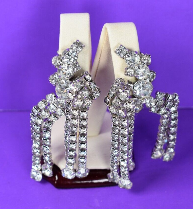 Rare La Roco Quality Designer Chandelier Dangle Rhinestone Clip Earrings 2.9″