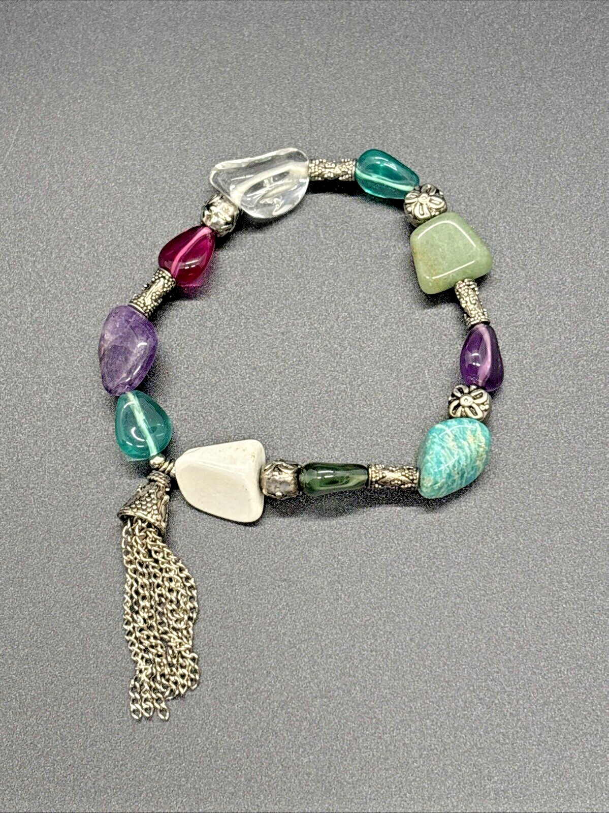 Vintage Purple, Green & White Silver Beaded Bracelet with Silver Chain Tassel
