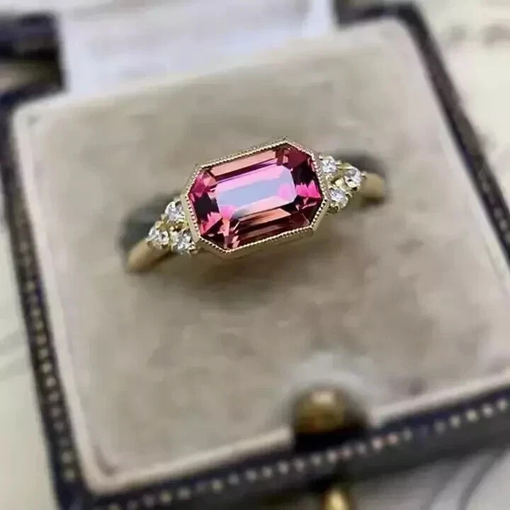 2CT Emerald Cut Lab-Created Pink Tourmaline Vintage Ring 14K Yellow Gold Finish