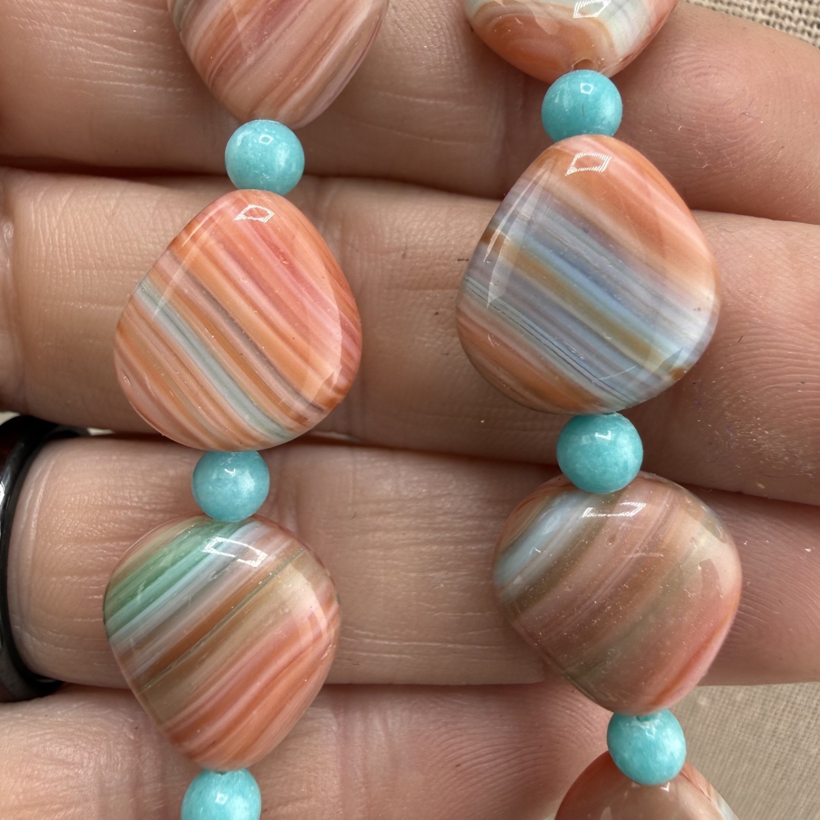 Vintage Polished Stone Necklace Pink Blue Sunrise Beaded 19”