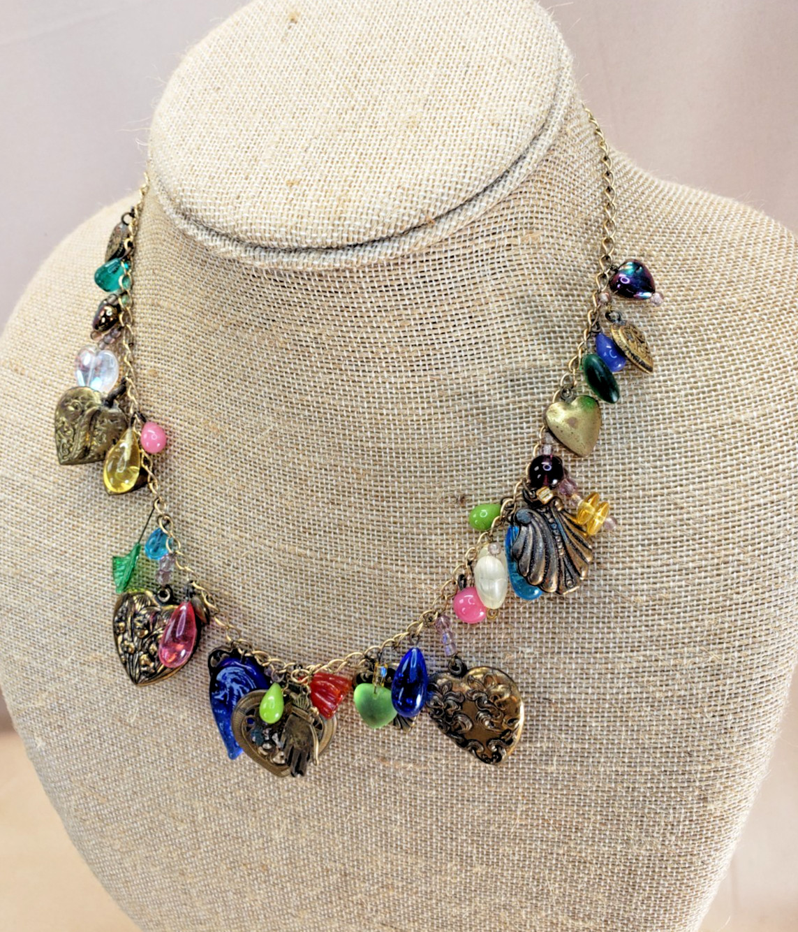Vintage Ornate Hearts and Glass Charms Necklace Glass Works Studio Style AS IS